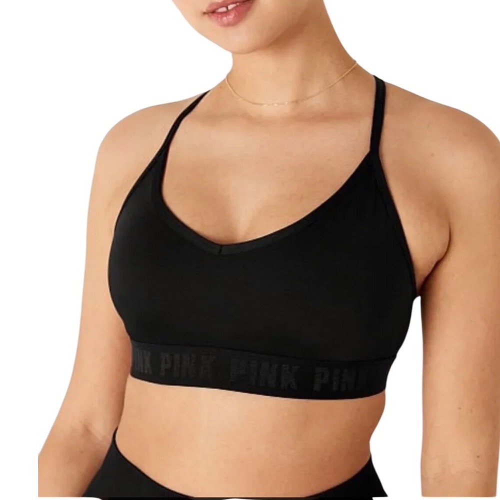 PINK by Victoria's Secret‎ Black Seamless V-Neck Sports Bra Racerback Logo